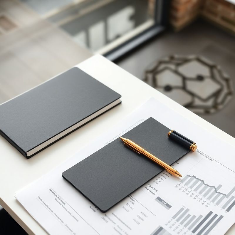 Bureau met financiële analyse-documenten, gouden pen en charcoal notitieboek