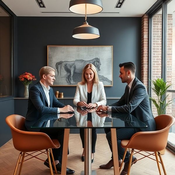 Drie professionals aan een glazen tafel in een modern Nijmegen kantoorinterieur