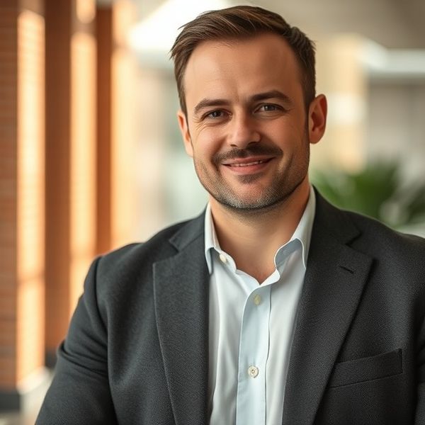 Portret van een zelfverzekerde mannelijke financieel adviseur in een charcoal blazer